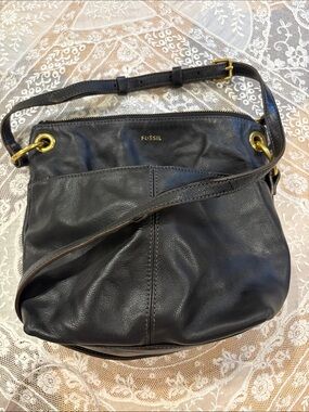 Fossil Black Pebbled Leather Shoulder Bag with Gold Hardware